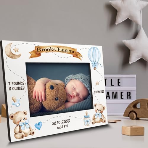 BELLA BUSTA-Personalize Baby Teddy Bear Birth Announcement Theme Picture Frame- Baby Shower, Birth Details Keepsake (Boy-Blue (5x7 Horizontal)) - Image 2