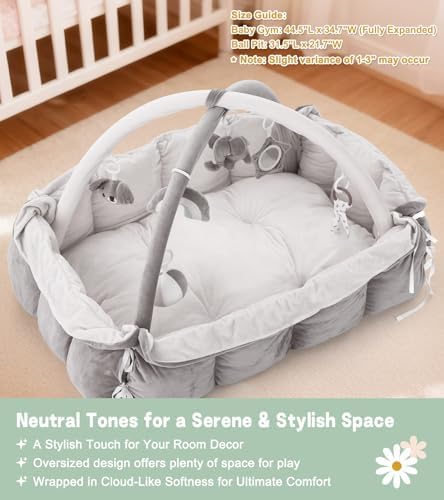 5-in-1 Baby Play Gym and Tummy Time Mat, 12 Learning Cards, Plush Activity Mat with 6 Toys, Baby Gym, Convertible to Ball Pit, Baby Gift, Grey - Image 5