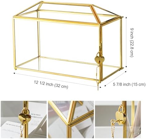 12.6" x 6" x 9" Wedding Card Box with Slot and Lock, Glass Card Holder for Party Reception, Centerpiece, Home Decorative, Gold (Glass Box Only) Slot Length 7.3 Inche - Image 4
