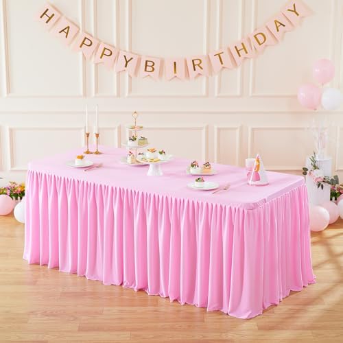 Wish Care 3 Pack Pink Polyester Table Clothes for 6 Foot Rectangle Tables, Wrinkle Free Fitted Table Cover with Pleated Ruffle Table Skirt for Party Baby Shower Wedding Birthday Event Display - Image 3