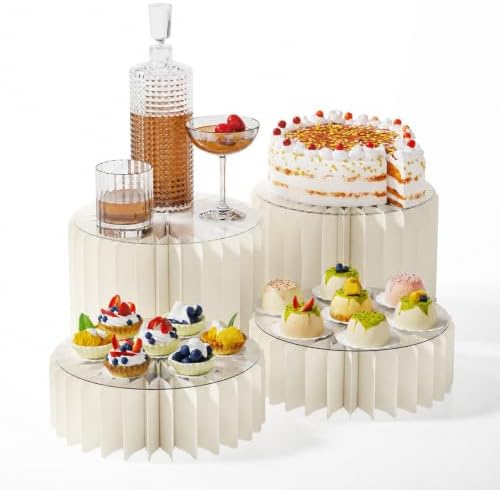 HeiMma 4 Pack Buffet Risers, FOLDABLE Accordion Food Display Risers for Dessert Table,Dessert Table Display Set, White Cardboard Cylinder Cake Cupcake Stands for Party, Multi-height, 12in Round by HeiMmaLifeEssentials