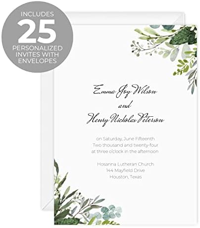 Canopy Street Personalized Greenery Script Invitations / 25 Custom Modern Wedding Invites With White Envelopes / 5" x 7" Flat Watercolor Botanical Party Invite/Made In The USA - Image 2