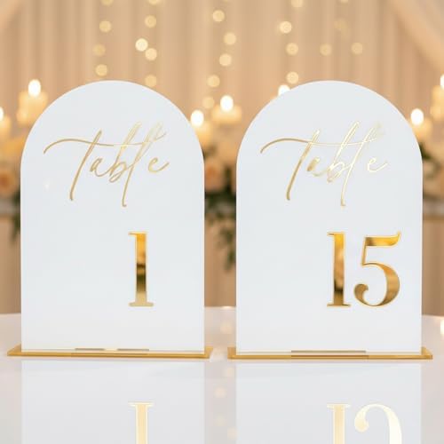Wedding Table Numbers 1-15 with Holders,5x7 inch Arch Acrylic Table Numbers Signs with Gold Foil Embossed for Wedding Reception, Anniversary, Birthday,Party and Events Decor by Unknown