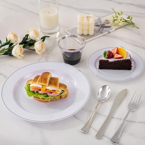 SUT 350 Pcs Silver Plastic Dinnerware Set for 50 Guests, Include: 50 Dinner Plates, 50 Dessert Plates, 50 Pre Rolled Napkins with Silver Silverware, 50 Cups, disposable plates for wedding, party - Image 5