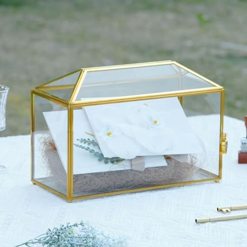 12.6" x 5.9" x 9" Wedding Cards Box with Slot and Lock, Glass Card Holder for Party Reception, Centerpiece, Home Decorative, Gold (Glass Box Only) Slot Length 7.3 Inches - Image 2