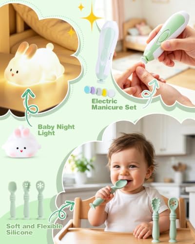 Baby Shower Gifts for Girls, 26 Piece Deluxe Baby Gift Basket - Baby Girl Gift Basket with Bunny Night Light, Electric Nail Trimmer, Bath Towe, Rattle & Milestone Cards for New Mom (Green) - Image 5