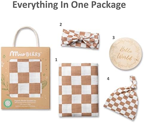 Miaoberry 100% Organic Muslin Swaddle Set| Checkered in Coffee Latte 47 * 47 with Hat,Bow and Arrival Card - Image 4