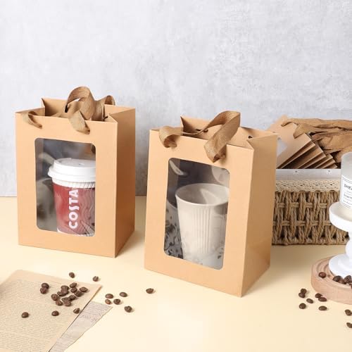 mekueeex 50 Pieces Paper Gift Bag with Transparent Clear Window 7.9 x 5.9 x 3.9 Inch Kraft Bags with Handles for Bridal Baby Shower Graduate Father Day Birthday Party Supplies(Brown) - Image 7