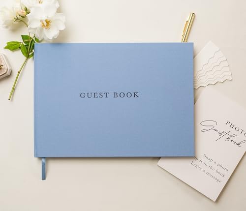 Real Linen Guest Book Set - 11.5 x 8.5 Embossed Guestbook for Weddings, Showers, Events, Blank & Lined, Comes with Sign, Pen, Box and Photo Sleeves, 120 Pages (Light Blue) - Image 3