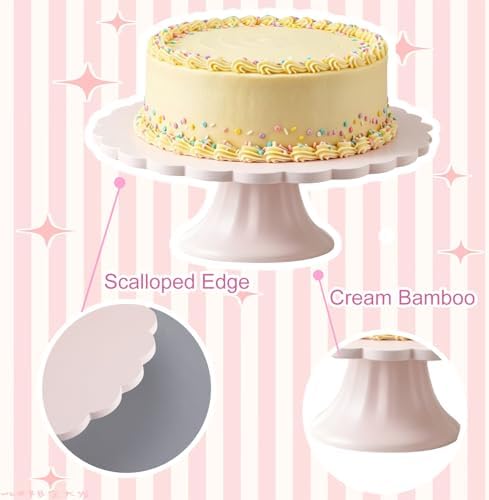 Vesici Pink Wooden Cake Stand Scalloped Round 10" L X 10" W X 3" H - Image 3