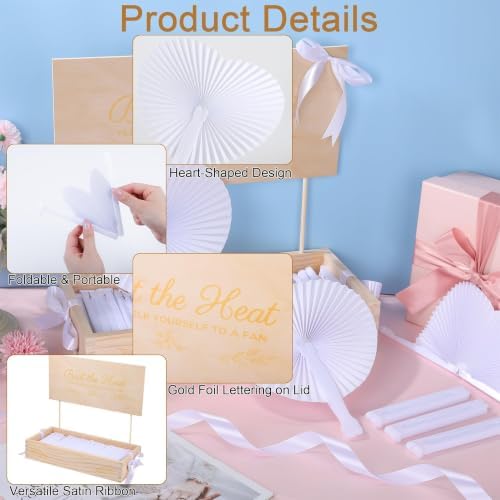 Aodaer Heart Shaped White Paper Wedding Fans with Wooden Storage Box 100 Folding Handheld Fans Satin Ribbon for Wedding Party Favors Bridal Shower DIY Crafts Event Decorations - Image 4