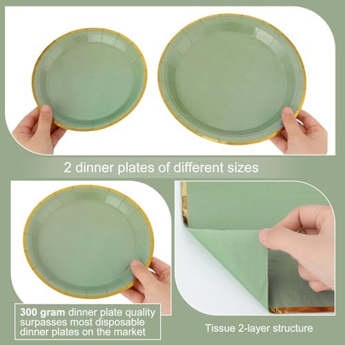 Dandat 200 Pcs Sage Green Paper Plates and Napkins Set, Gold Rim - Image 3