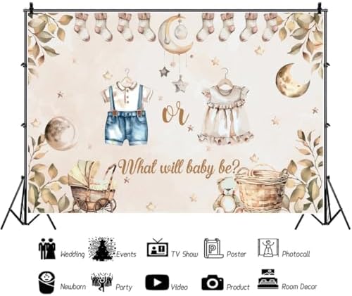 8x6ft Gender Reveal Backdrop He or She What Will Baby Be Photography Background Rustic Eucalyptus Leaves Socks Stars Photo Backdrops Newborn Gender Reveal Surprise Party Decoration Banner Supplies - Image 2