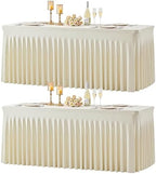 2 Pack 6ft Beige Spandex Tablecloths for Rectangle Tables Wrinkle Free Beige Rectangle Table Cloth Stretch Fitted Table Cover with Skirt for Wedding Birthday Party Banquet Baby Shower Buffet Event by Suppromo