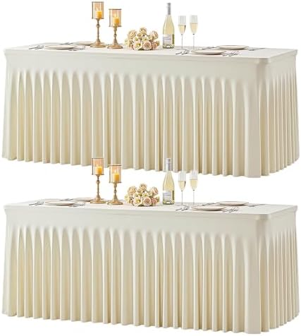 2 Pack 6ft Beige Spandex Tablecloths for Rectangle Tables Wrinkle Free Beige Rectangle Table Cloth Stretch Fitted Table Cover with Skirt for Wedding Birthday Party Banquet Baby Shower Buffet Event by Suppromo