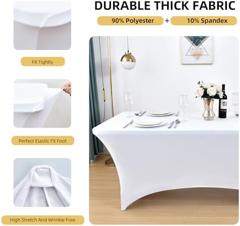 6-Pack 4ft White Spandex Table Covers for Rectangular Folding Tables - Wrinkle Resistant Stretch Tight Table Cloths - Ultimate Fitted Table Protector for Parties, Trade Shows, and Wedding - Image 2
