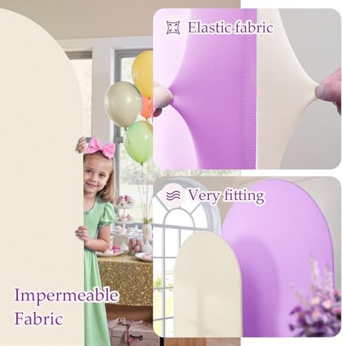 Ivory Purple Arch Backdrop Cover Set of 2-7.2ft 6ft Dual Color Wedding Arch Cover-Wrinkle Free Stretchy Spandex Cream Lavender Fitted Chiara Arch Stand Cover for Birthday Party Photo Photography - Image 4