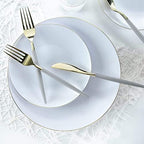 Luxe Party 128 Pieces Two Tone Plastic Disposable Cutlery | Forks-Spoons-Knives | Full Size | Chic Round | Grey and Gold - Image 5