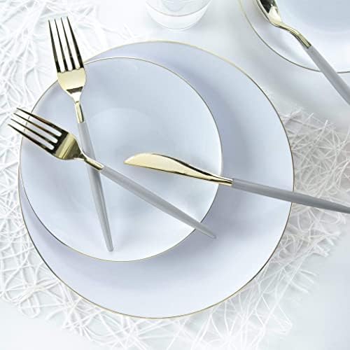 Luxe Party 128 Pieces Two Tone Plastic Disposable Cutlery | Forks-Spoons-Knives | Full Size | Chic Round | Grey and Gold - Image 5