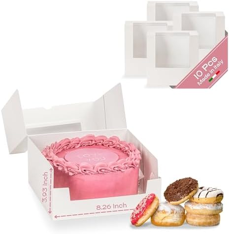 Pack of 10 Cake Boxes with Window (8.26" x 8.26" x 3.93") - Ideal for Cake 8 inch, Bakery and Cookie, White Leather by BoxesCraftory