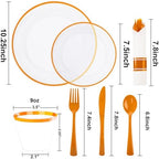 SUT 175Pcs Orange and Clear Plastic Dinnerware Set for 25 Guests, Include: 25 Dinner Plate, 25 Dessert Plates, 25 Pre Rolled Napkins With Silverware, 25 Cups, Disposable Plates for Party - Image 2