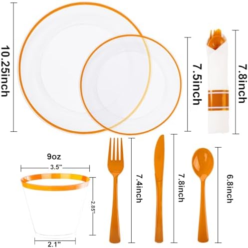 SUT 175Pcs Orange and Clear Plastic Dinnerware Set for 25 Guests, Include: 25 Dinner Plate, 25 Dessert Plates, 25 Pre Rolled Napkins With Silverware, 25 Cups, Disposable Plates for Party - Image 2