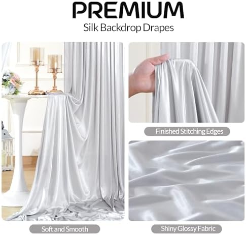 Silver Satin Backdrop Curtains 2 Panels - Glitter Photo Drapes for Baby Shower, 10x10FT Shimmer Back Drop Decor, Wrinkle Free for Birthday Party Prom Wedding Anniversary Background - Image 2