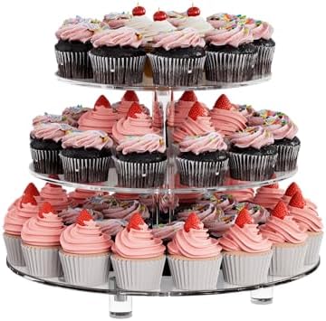 3 Tier Acrylic Cupcake Tower, 10" 12" 14" Round Trays by EffiQ-Rate
