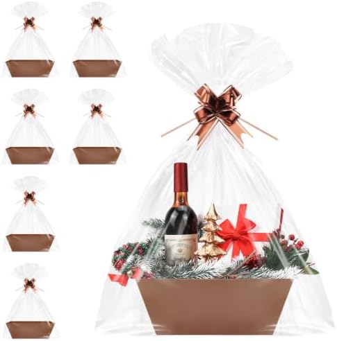 6PACK Brown Baskets For Gifts Empty, 10x8” Sturdy Kraft Paper Hampers with 6 Clear Bags and 6 Pull Bows, DIY Gift Basket Kit for Christmas, Thanksgiving, Wedding by AFOROEOA