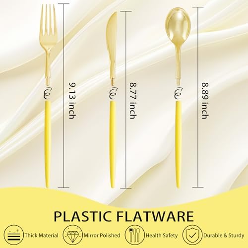 Supernal 102Pcs Yellow and Gold Plastic Silverware Set for Wedding Parties - Image 3
