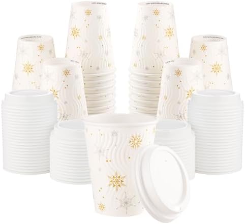 12oz Christmas Disposable Coffee Cups with Lids White Snowflake Winter Togo by HarvestPackGOURMETSHOWCASE