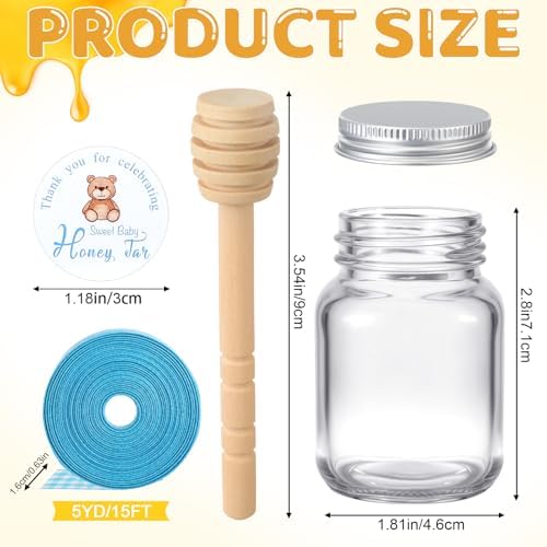 Willinglong 24 Set Glass Mini Honey Jars, Baby Shower Party Favors Bulk, 2 oz Small Honey Jars with Dippers, Lids, Stickers, Ribbons for Baby Shower Gender Reveal Party Gifts Supplies(Blue,Bear) - Image 2