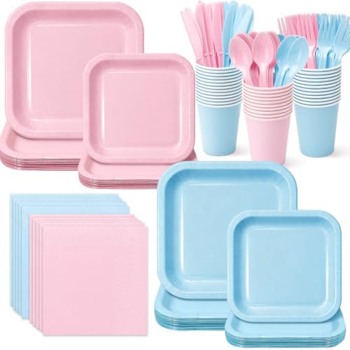 Vyntra 350 Pcs Pink & Blue Square Paper Plates and Napkins Set, Serves 50 by PartyTablewareSupplies