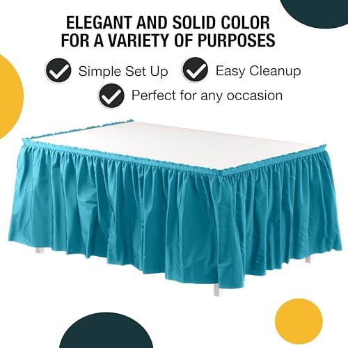 Exquisite Turquoise Table Skirt 12 Pack - Disposable Plastic Table Skirts for Rectangle Tables 6ft 8ft & Round Tables - 29in x 14ft Self-Adhesive Strip - Birthday Wedding Gender Reveal Decor - Image 2