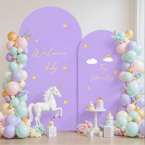 Beige and Purple Arch Cover 2 Set-7.2FT, 6FT Arch Backdrop Cover Spandex Fitted Wedding Arch Stand Covers for Bridal Shower Wedding Baby Shower Birthday Party Ceremony Photo Background Decorations - Image 3
