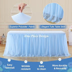 Wish Care 6 Pack Baby Blue Tulle Table Cloth for 8 Foot Rectangle Tables Wrinkle Free Stretch 8ft Light Blue Tablecloths Tutu Skirt Ruffle Fitted Table Cover for Birthday Baby Shower Party Tablecloth - Image 6