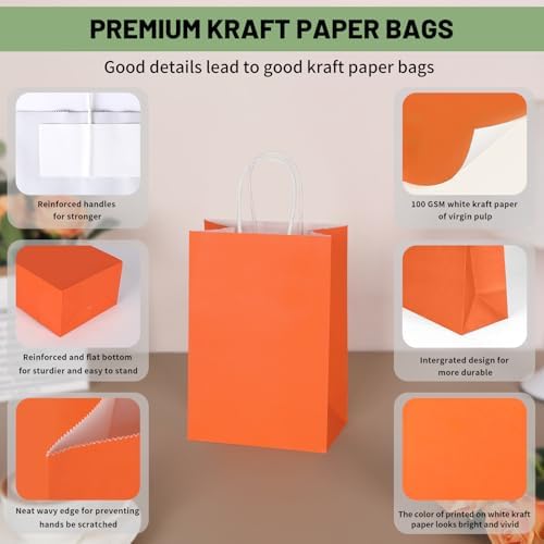 Mlyta 100 Pack 5.25x3.25x8.5 Inch Small Orange Kraft Paper Gift Bags with Handles Bulk for Goodie, Party Favor Brithday Grocery Shopping, Business Wedding Retail Craft Treat To Go, Merchandise Sacks - Image 4