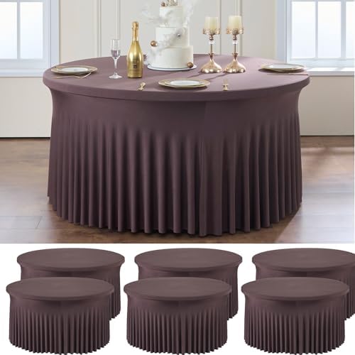 6 Pack Brown Spandex Round Tablecloths for 60 inch Table, Wrinkle Free Stretchy 120inch Fitted 5FT Round Table Cover Cloths with Skirt for Wedding Party Dining Banquet by Htper