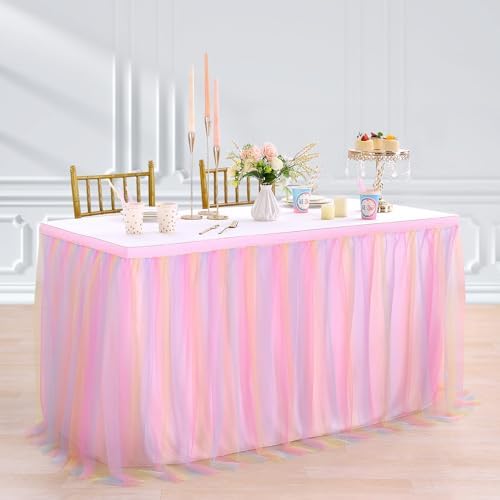 Pastel Rainbow Pink Table Skirt Ruffle Mermaid Party Tablecloth for Rectangle Table Tables or Round Tables 9ft Birthday Party Baby Shower Decorations - Image 6