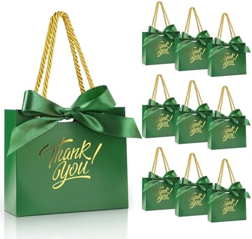 EQOREIIN 100 Pack Small Thank You Gift Bags with Handles & Ribbon, Green by EQOREIIN