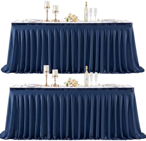 2 Panels Navy Blue Desk Skirt for Teacher Desk 6ft Table Skirts for Rectangle Tables 6ft Spandex Curtain Table Skirt for Classroom Ruffle Fabric Tablecloth for Party Wedding Baby Shower Decorations by Tao-GePartyDecorations