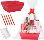 Beeplove 6 Sets Large Thick Kraft Baskets for Gifts Empty - Gift Baskets Empty Kit with Cellophane Wrap and Pull Bows for Wedding Birthday Bridesmaid Baby Shower, Red by Beeplove