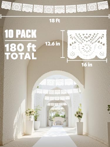 10 Pack White Papel Picado Banner 180 Ft (18 Ft x 10), 100% Made in Mexico, Papel Picado Blanco, White Mexican banner, for Parties, Wedding, Baby Shower, Bautizos, Bodas, Birthdays | 10 Plastic Flags per Banner | - Image 3