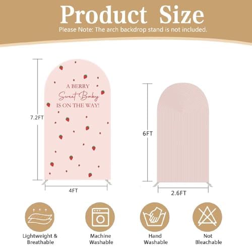 2 Pcs A Berry Sweet Baby is ON The Way Arch Backdrop Covers,Set of 2(7.2FT/6FT) Pink Ripple Strawberry Theme Arch Fabric Cover for Girls Birthday Baby Shower Party Decoration - Image 4