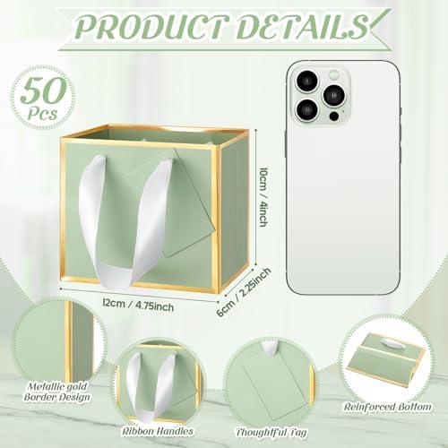 Yeaqee 50 Pcs Mini Metallic Paper Gift Bags with Handle, Sage Green, Gold - Image 2