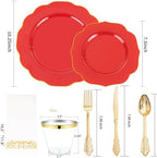 NOCCUR 175PCS Red Plastic Plates with Gold Disposable Silverware - Include 50 Red Gold Plastic Plates,25 Knives,25 Forks,25 Spoons,25 Cups and 25 Napkins - Ideal for Party/Hibachi Party/Wedding - Image 2