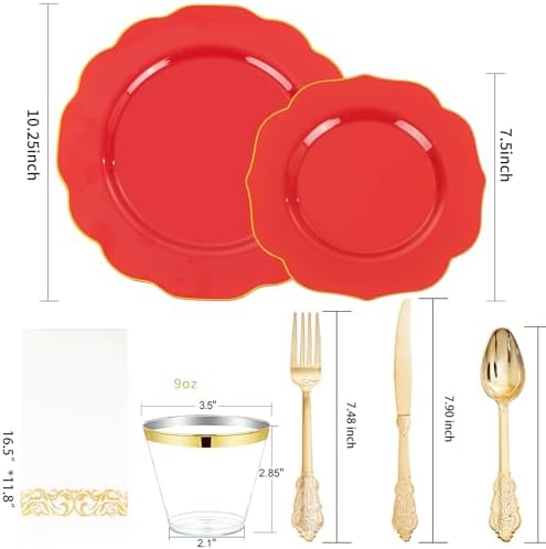 NOCCUR 175PCS Red Plastic Plates with Gold Disposable Silverware - Include 50 Red Gold Plastic Plates,25 Knives,25 Forks,25 Spoons,25 Cups and 25 Napkins - Ideal for Party/Hibachi Party/Wedding - Image 2