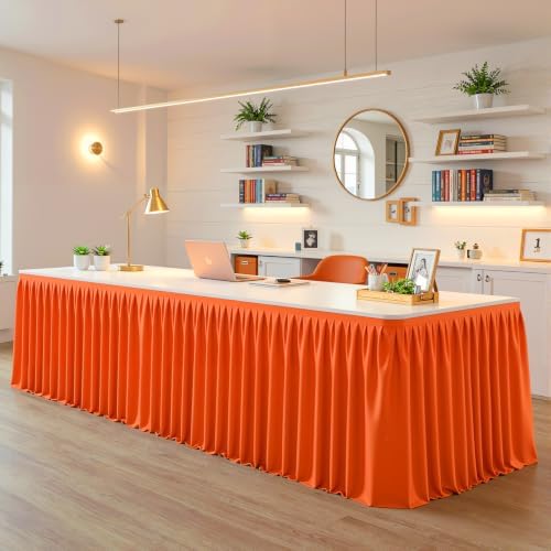 Partisky Orange Polyester Table Skirt for Rectangle Tables 14ft, Wrinkle Resistant Pleated Ruffle Table Cloth for Wedding Baby Shower - Image 2