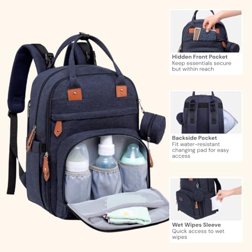 BabbleRoo Diaper Bag Backpack - Baby Essentials Travel Tote - Multi Function Water Resistant Diaper Bag, Travel Essentials Baby Bag with Changing Pad, Stroller Straps & Pacifier Case - Navy Blue - Image 5