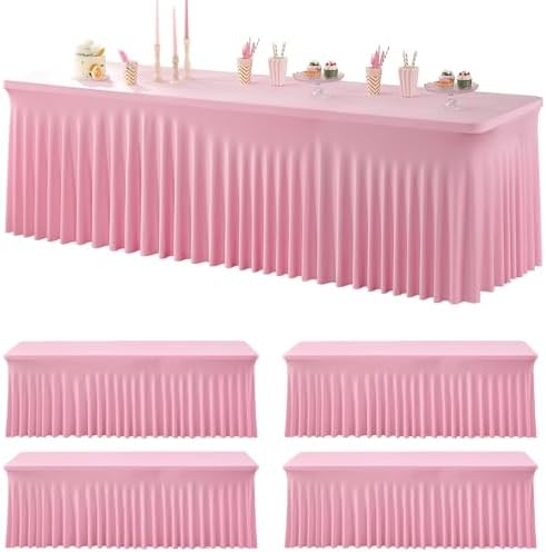 4 pk Spandex Tablecloths for 8 Foot Rectangle Tables, Pink Stretch Table Cloth 8ft Fitted Tablecover Desk Skirt for Parties Weddings Birthday Banquet Baby Shower by Htper